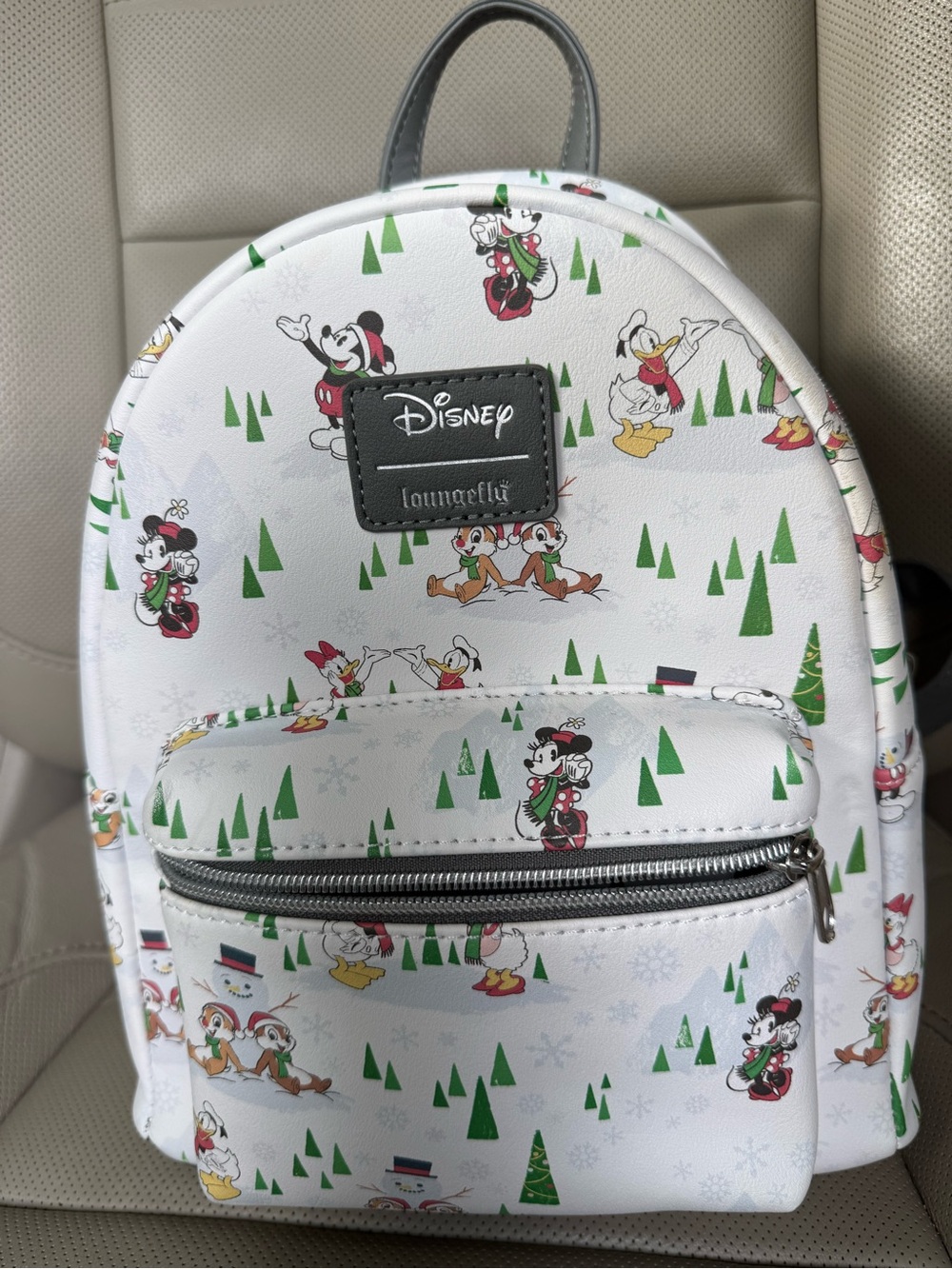 Loungefly Disney Mini Backpack Mickey & Friends Holiday Print White/Gray/Green